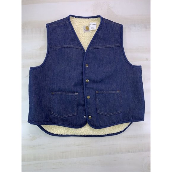 Vintage Carhartt Sherpa Lined Fleece Denim Jean Vest USA Made Adult XL-12012